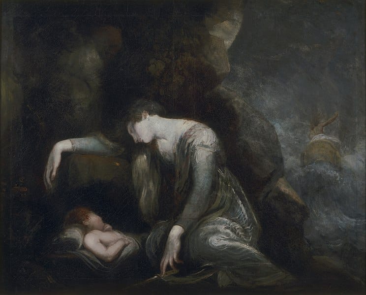 This image is a painting by Henry Fuseli titled Danaë and Perseus on Seriphos. It depicts a somber and intimate moment where a woman, Danaë, appears to be resting while watching over her child, Perseus, who is lying beside her. The dark, atmospheric tones evoke a feeling of protection and maternal care, set against a mysterious, shadowy backdrop. The distant figure in the background adds a layer of intrigue, contributing to the painting's overall sense of isolation and quiet reflection.






